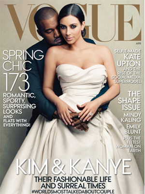 Kim Kardashian estampa capa da <i>Vogue</i> com Kanye West e vestida de noiva