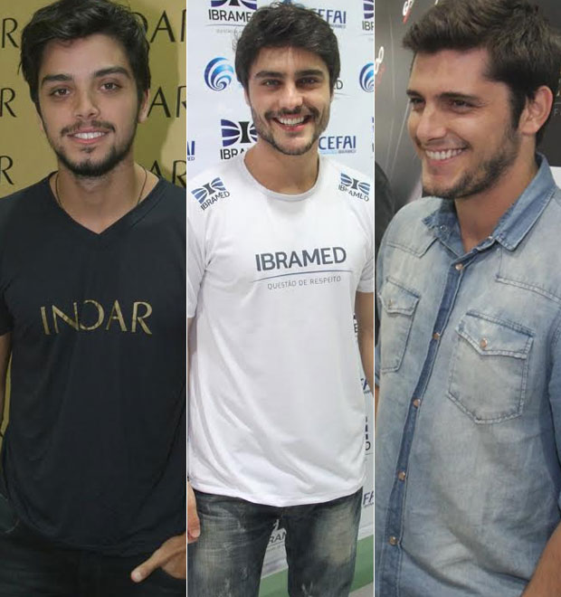 Rodrigo Simas, Guilherme Leicam e Bruno Gissoni conferem feira em São Paulo