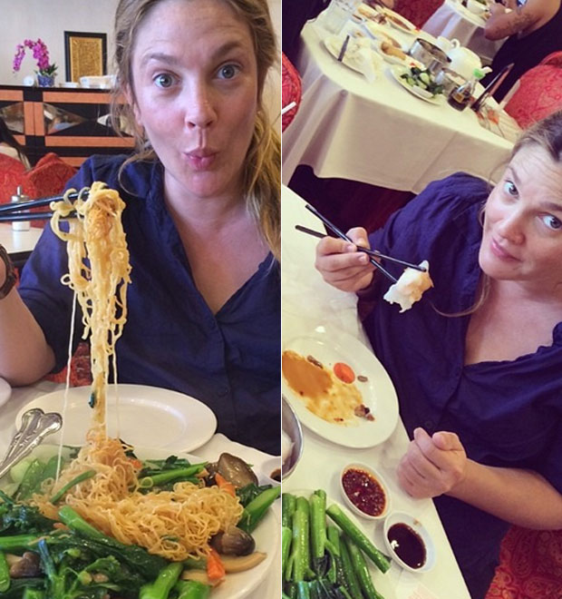 Drew Barrymore mostra mesa farta de comida chinesa. Veja!