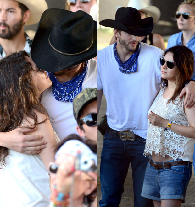 Grávida, Mila Kunis troca beijos com Ashton Kutcher em festival