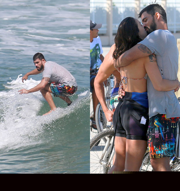 Juliano Cazarré surfa e beija esposa na praia no Rio de Janeiro, veja as fotos!