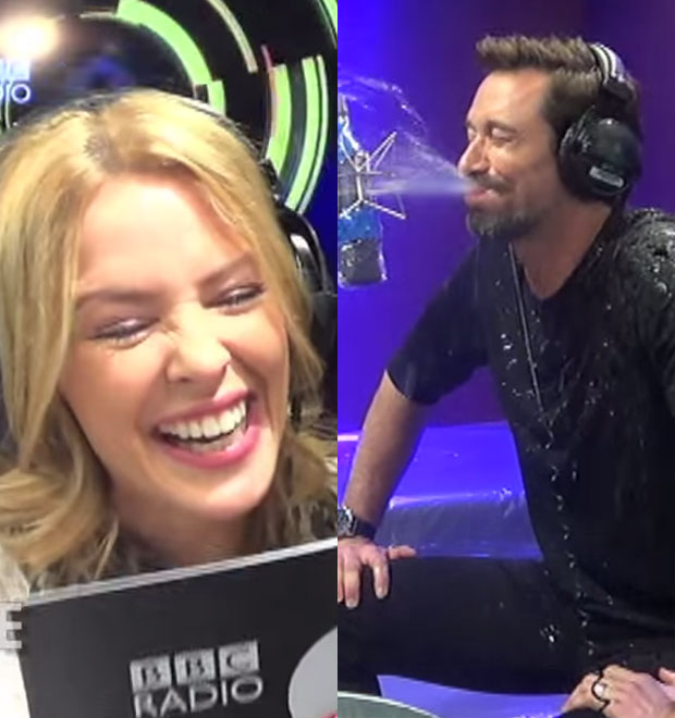 Hugh Jackman cospe água em brincadeira com Kylie Minogue