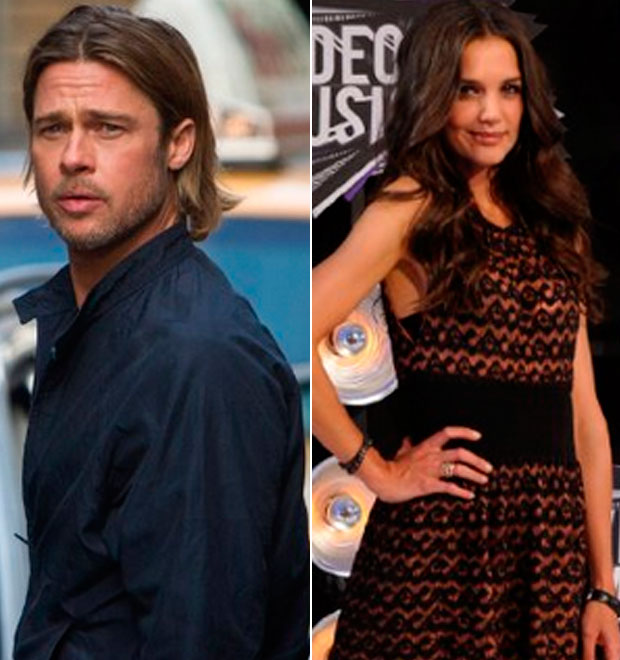 Brad Pitt e Katie Holmes se encontram ocasionalmente e falam sobre família