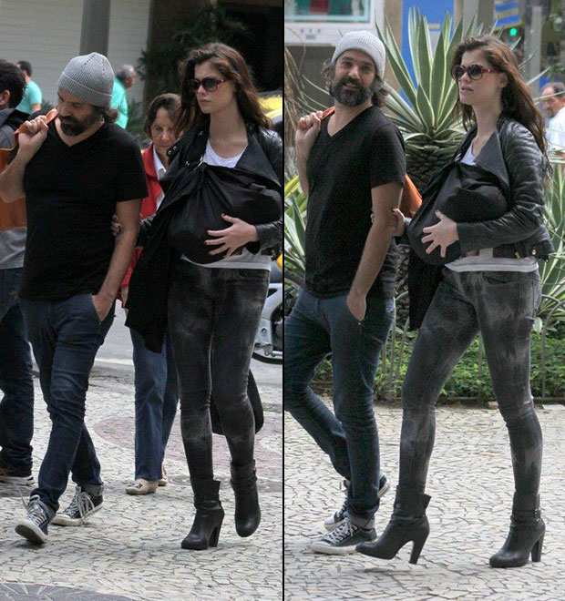 Alinne Moraes sai com o filho e aparece pela primeira vez após o parto