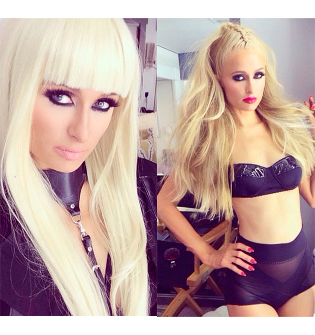 Com peruca platinada, Paris Hilton posa dentro de seu trailer nos bastidores de videoclipe
