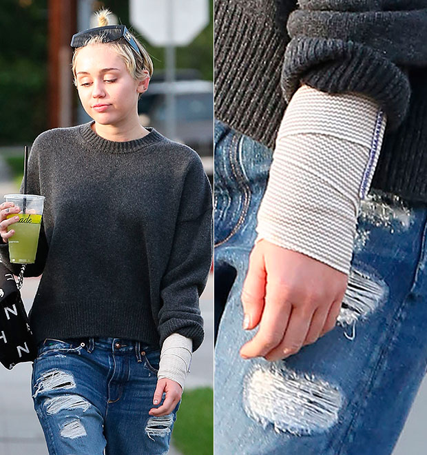 Miley Cyrus é flagrada com curativo no pulso. Veja a foto!