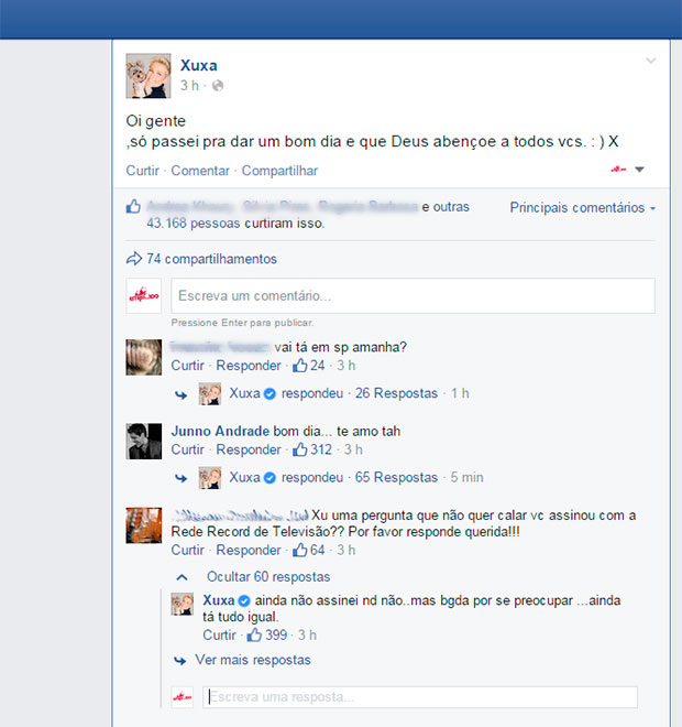 Xuxa responde seguidor e diz que ainda não fechou contrato com a <i>Record</i>