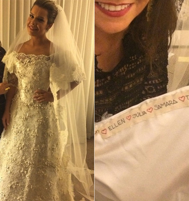 Fernanda Souza colocou o nome de amigas solteiras, como Samara Felippo, na barra do vestido
