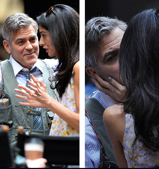 George Clooney recebe carinho de Amal Alamuddin durante visita em <i>set</i> de filmagens