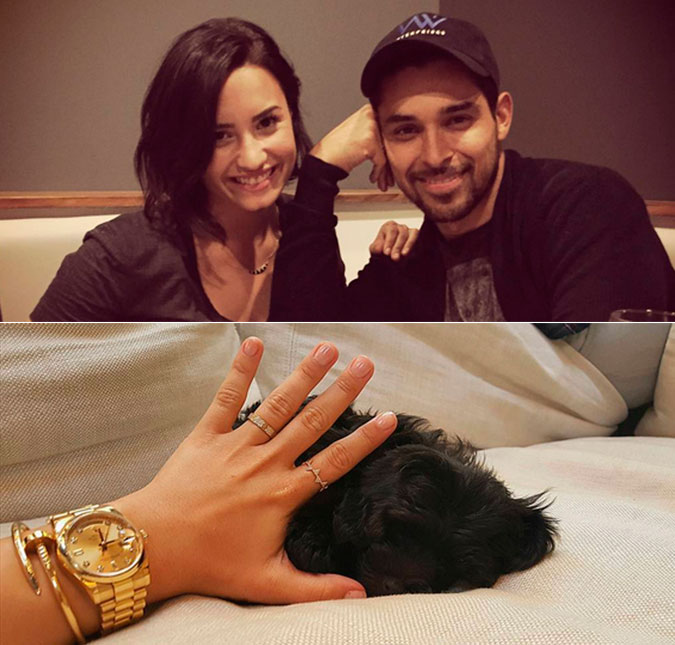 Demi Lovato queria mostrar o novo cachorrinho, mas um anel suspeito roubou as atenções