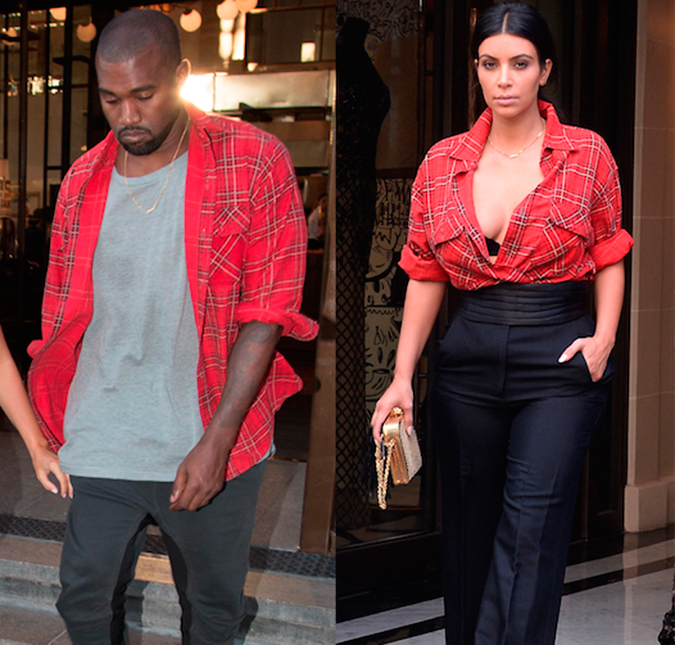 Kim Kardashian gosta tanto das roupas de Kanye West que tem pego algumas emprestadas!