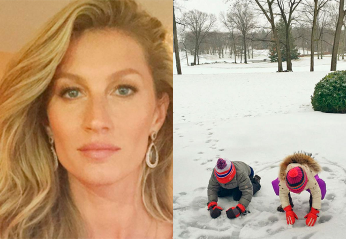 Gisele Bündchen mostra os filhos brincando na neve