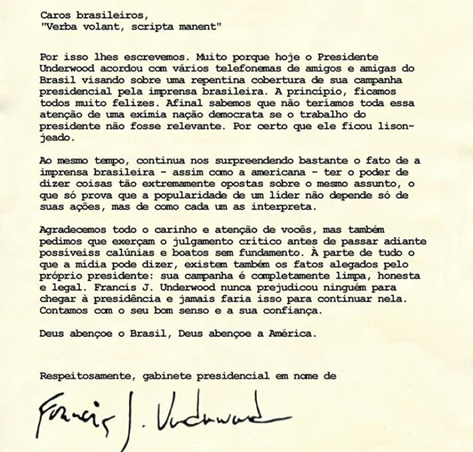 Protagonista de <i>House of Cards</i> escreve carta para público do Brasil