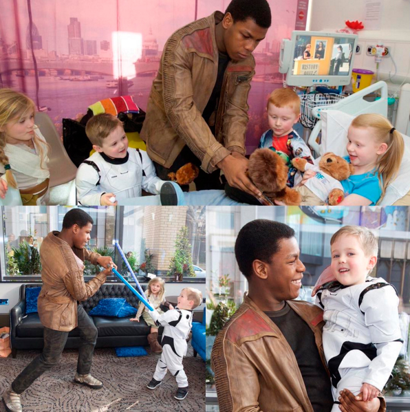 John Boyega se veste como seu personagem em <i>Star Wars</i> para uma visita ao hospital infantil