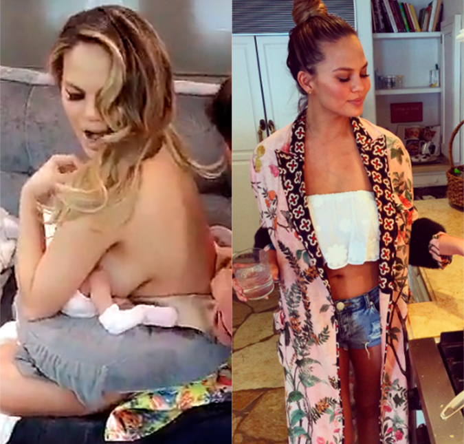 Depois da gravidez, Chrissy Teigen aparece exibindo o corpão e Kelly Clarkson brinca: - <I>Odeio essa mulher</i>