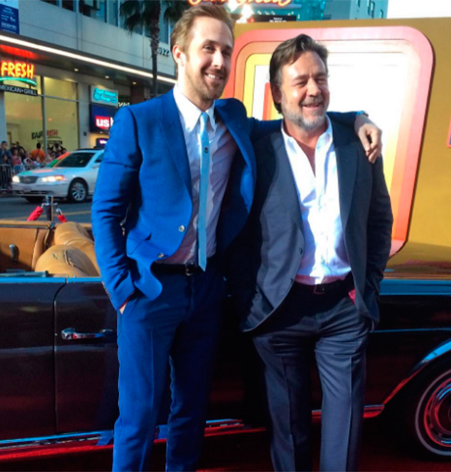 Ryan Gosling e Russell Crowe fazem entrada fenomenal na <I>première</I> do filme <I>The Nice Guys</I>, assista!