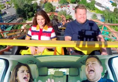 Toda corajosa, Selena Gomez canta com James Corden em montanha-russa, assista!