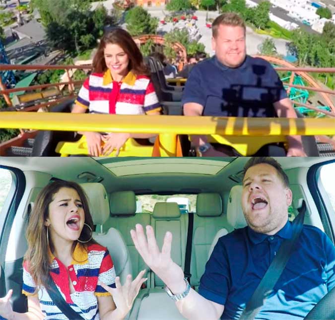 Toda corajosa, Selena Gomez canta com James Corden em montanha-russa, assista!