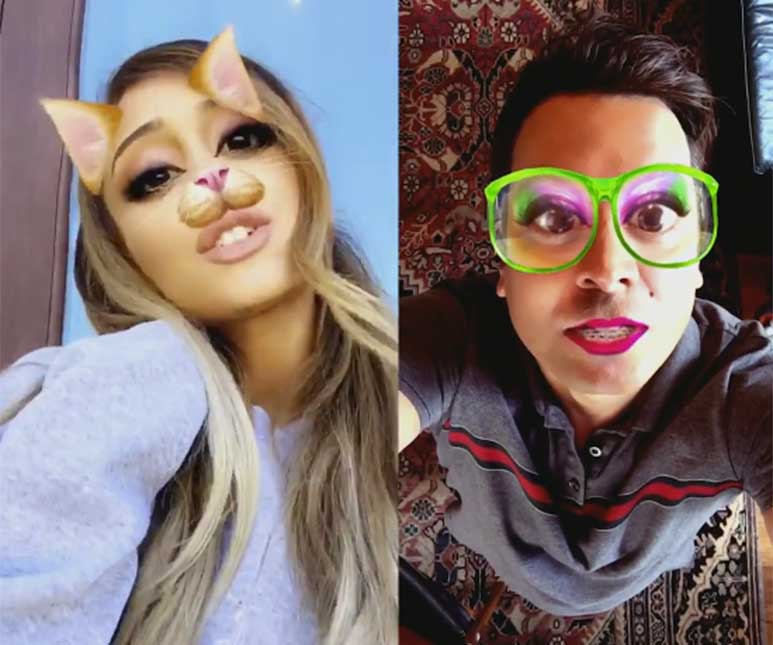 Ariana Grande e Jimmy Fallon gravam dueto com filtros do <i>Snapchat</i>, veja!