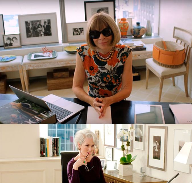 Apesar das negativas da autora sobre as semelhanças entre a personagem e Anna Wintour, o filme trás em si muitas semelhanças com a vida real, como, por exemplo, o escritório de Miranda, que é bem parecido com o de Anna, como podemos ver acima. Durante o clássico quadro 73 Questions, da revista Vogue, a editora abriu seu escritório, deixando em evidência a semelhança com o espaço da personalidade poderosa do longa-metragem.