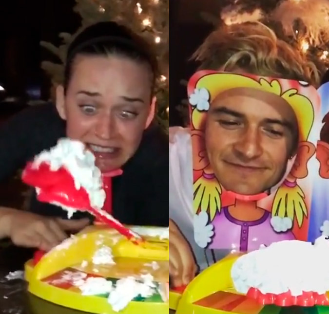 Katy Perry e Orlando Bloom levam torta na cara, veja!