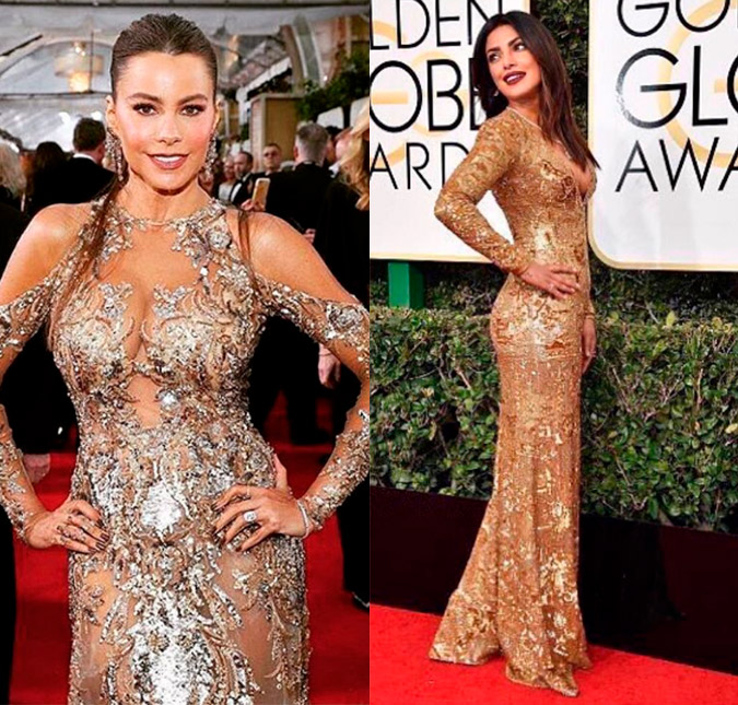 Sofia Vergara e Priyanka Chopra posam com vestidos parecidos no <I>Globo de Ouro</I> 2017