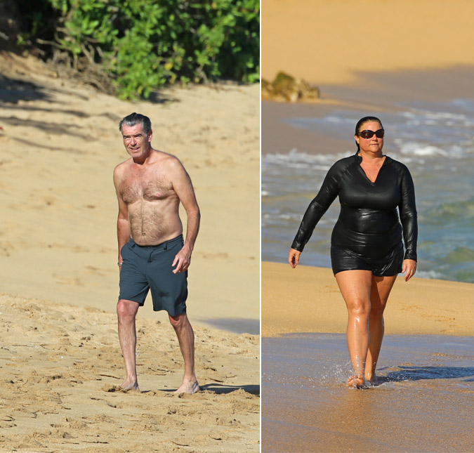 Pierce Brosnan, o eterno <i>007</i>, exibe físico em praia com a esposa