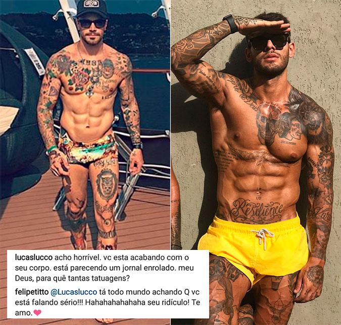 Lucas Lucco brinca com tatuagens de Felipe Titto: <i>Acho horrível!</i>