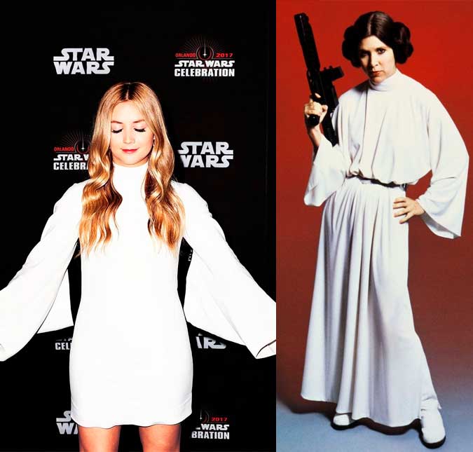 Billie Lourd homenageia a mãe e usa <i>look</i> igual ao de Princesa Leia em evento de <i>Star Wars</i>