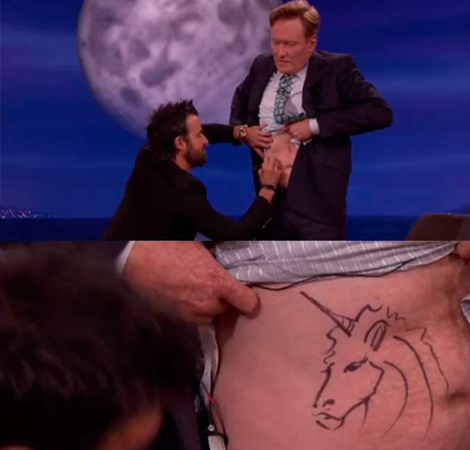 Justin Theroux tatua um unicórnio na barriga de Conan O'Brien!