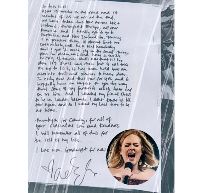 Adele escreve carta emocionante e desabafa: <I>- Acho que nunca mais farei uma turnê</I>