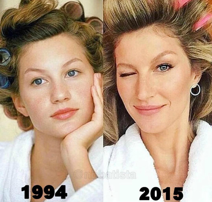 Em montagem de fotos com bobes no cabelo, Gisele brinca: <i>Dona Florinda desde 1994</i>