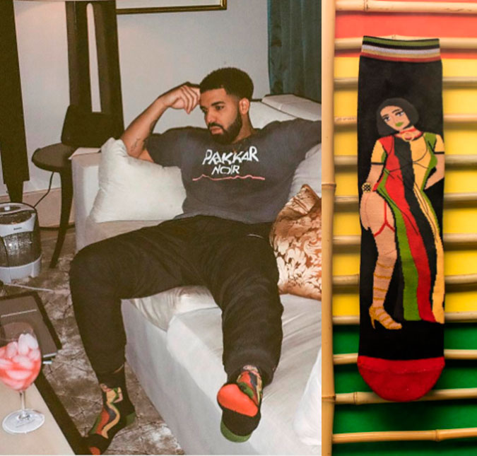 Drake usa meia com imagem de Rihanna, vem ver!