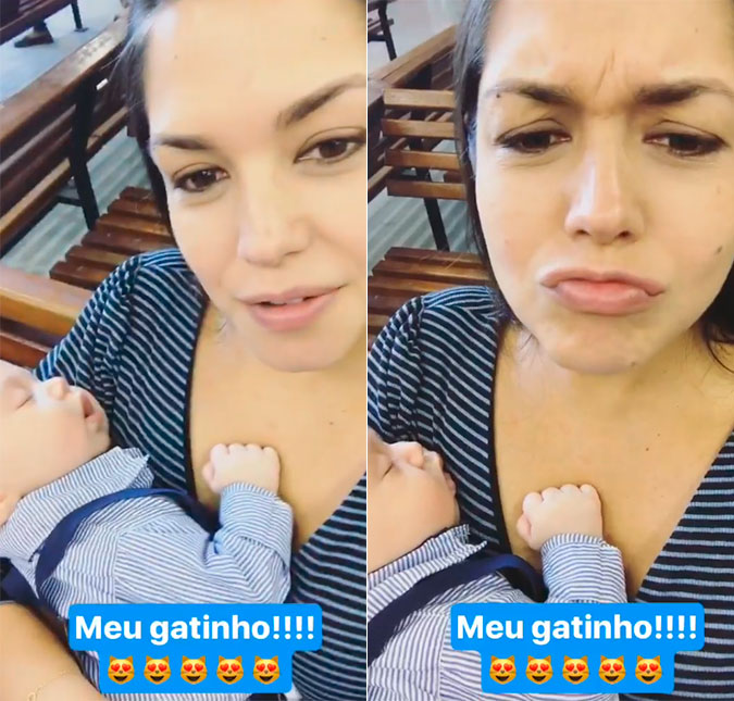 Thais Fersoza faz piada com Teodoro dormindo em seu colo: <i>- Mantendo a tradição</i>