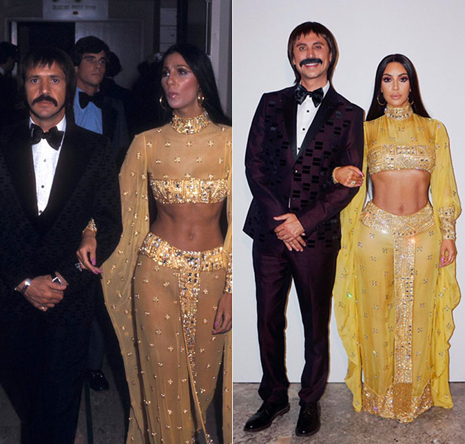 Kim Kardashian se fantasia de Cher, com seu próprio Sonny Bono, para festa de <i>Halloween</i>!