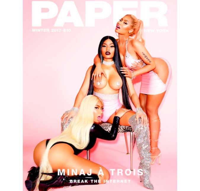 Nicki Minaj dá o que falar ao estampar capa de revista com clique ousado e manchete: <i>Minaj à trois</i>