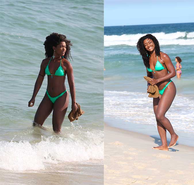 Erika Januza exibe corpão em praia carioca e nega ter celulites