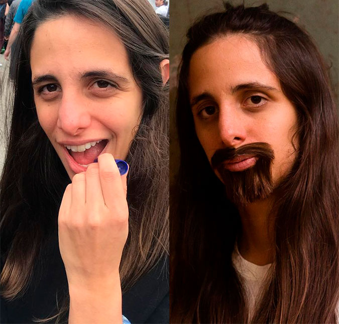 Namorada de Bruna Linzmeyer usa barba e bigode em ensaio ...