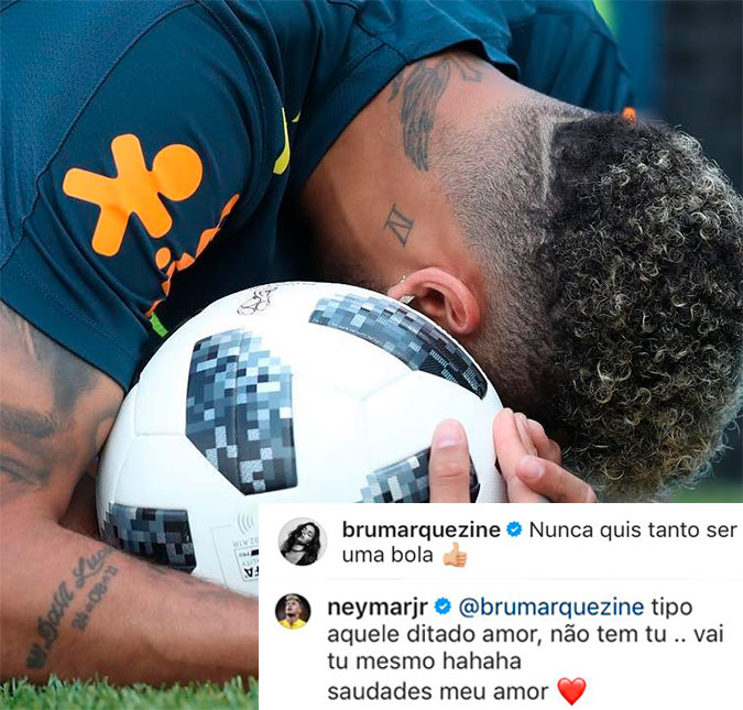 Longe do namorado, Bruna Marquezine brinca ao ver foto de Neymar abraçado à bola: <I>Nunca quis tanto ser uma bola</I>