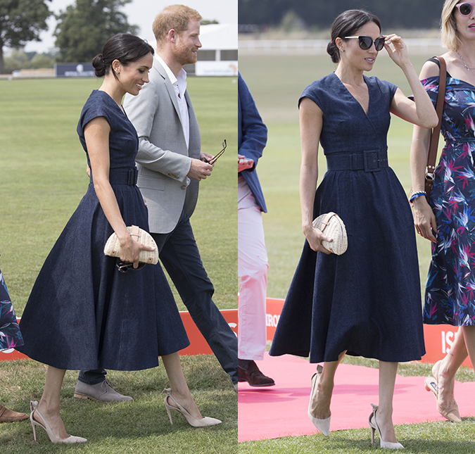 Meghan Markle usa vestido <i>jeans</i> da <i>Carolina Herrera</i> durante evento de equitação