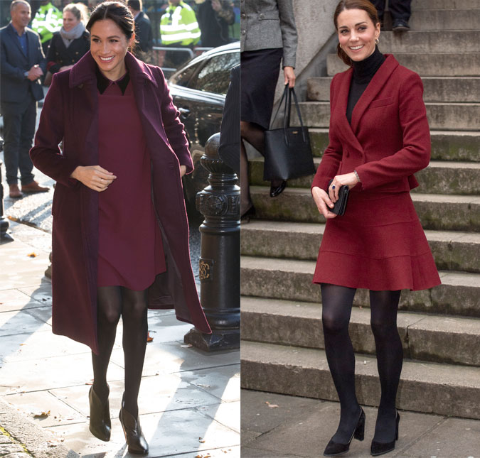 Meghan Markle e Kate Middleton usam <i>looks</i> parecidos no mesmo dia, confira!