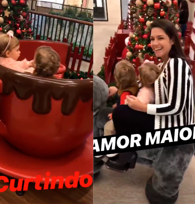 Thais Fersoza anda de carrinho motorizado com os filhos em <i>shopping</i>