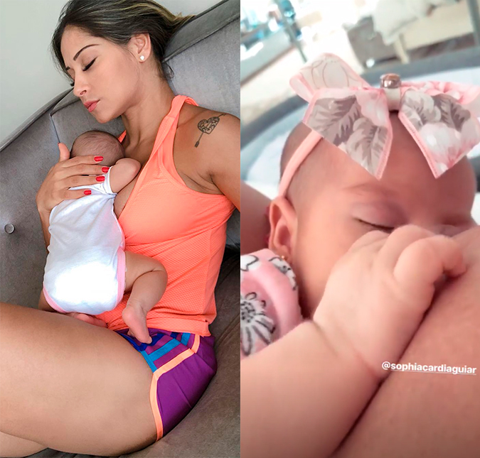 Mayra Cardi deixa o rosto da filha à mostra ao amamentá-la