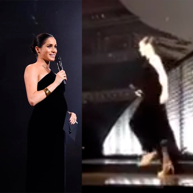 Grávida, Meghan Markle tropeça e quase cai em premiação
