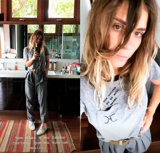Com <i>look</i> confortável, Carolina Dieckmann brinca: <I>Certeza que sou um menino</i>