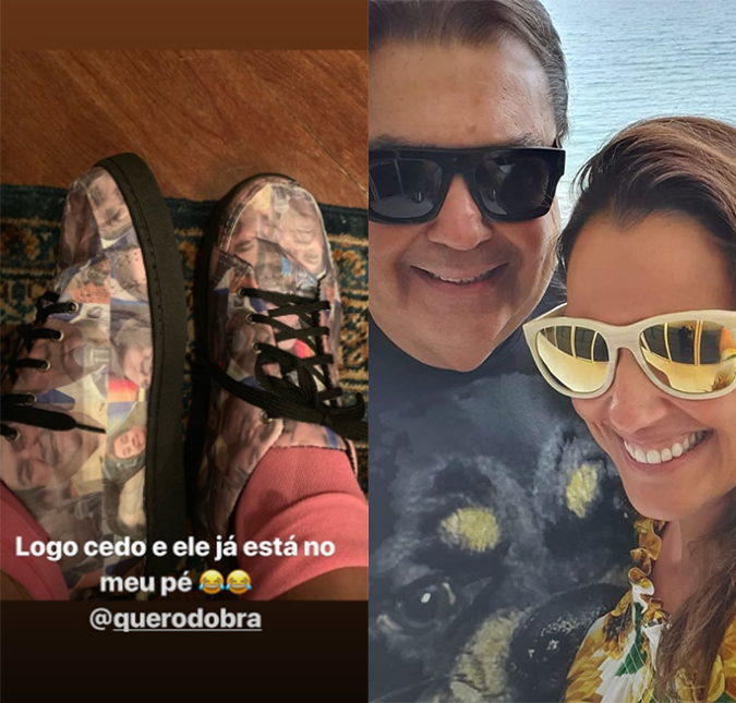 Esposa de Faustão usa tênis com fotos do marido: <i>Logo cedo e ele já está no meu pé</i>