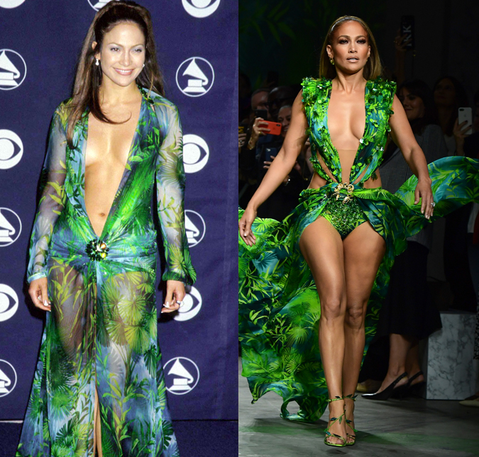Jennifer Lopez aparece nas passarelas repetindo o vestido que utilizou durante o <i>Grammy Awards</i>, em 2000, veja!