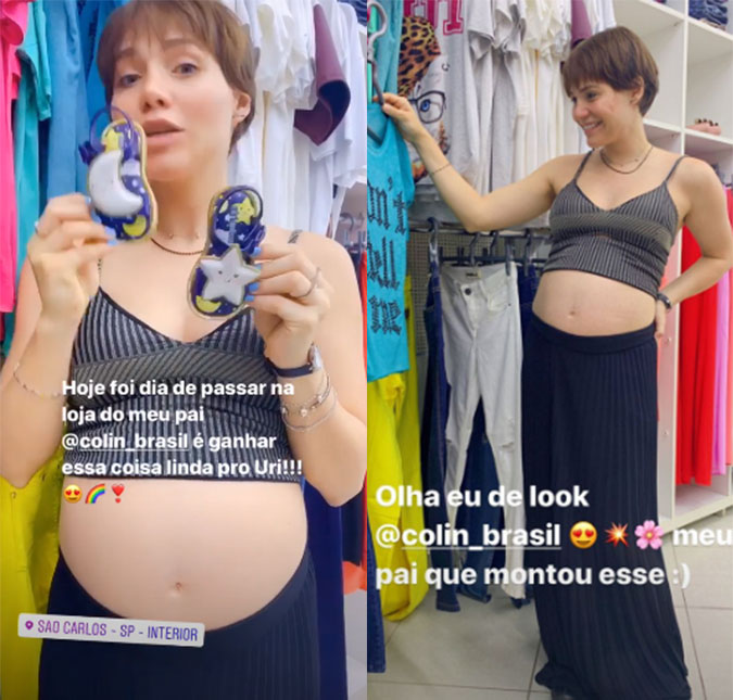Leticia Colin mostra barrigão ao visitar loja de roupas do pai, confira!
