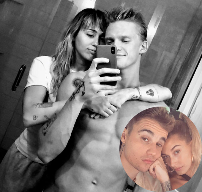Após receber alta, Miley Cyrus posa com o namorado sem camisa e Justin Bieber sugere encontro de casais!
