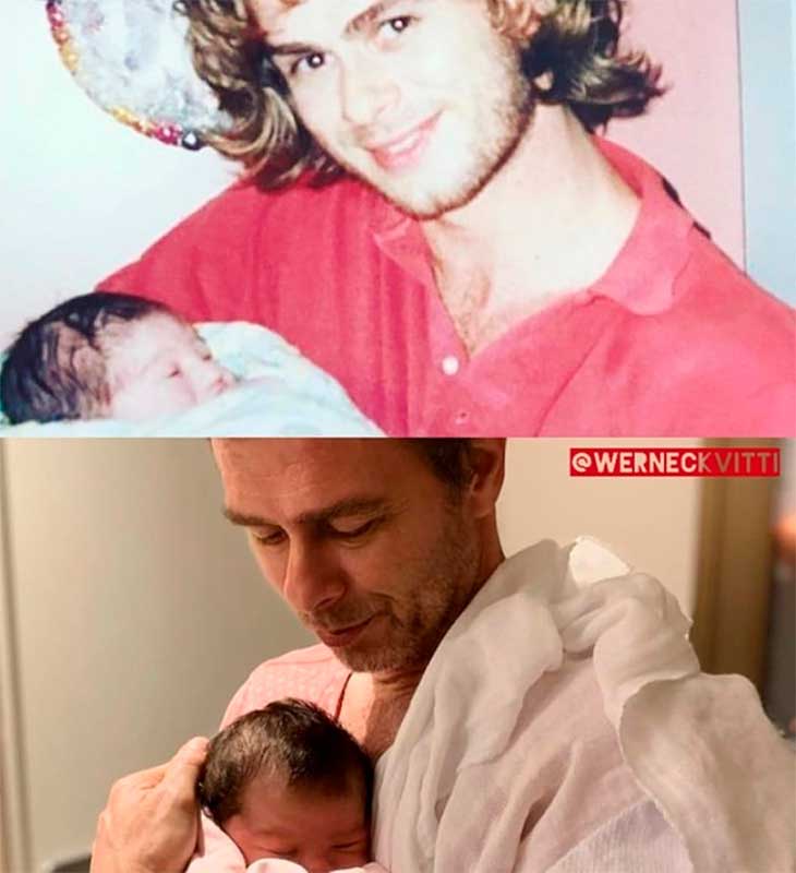 Rafael Vitti faz homenagem ao pai com montagem: <I>Meu pai me segurando e segurando minha filha</i>